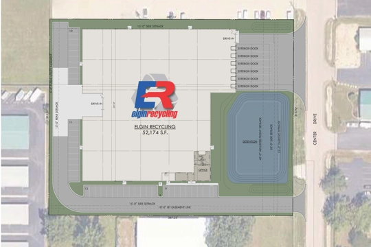 site plan showing an industrial building's footprint and surrounding streets